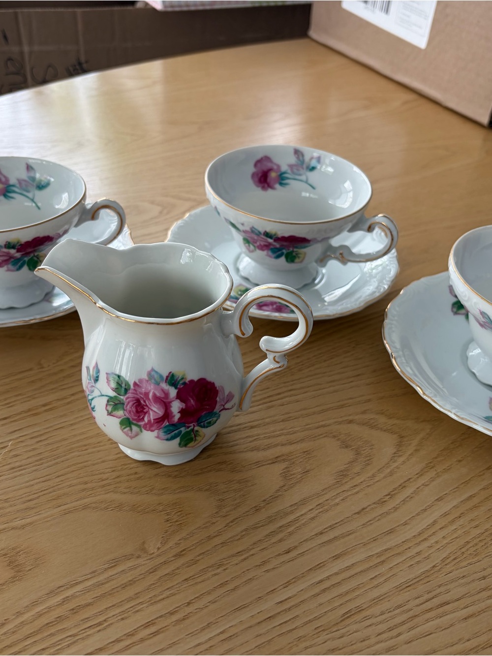 Sango White Porcelain Creamer with Pink Rose Motif and Gold Trim